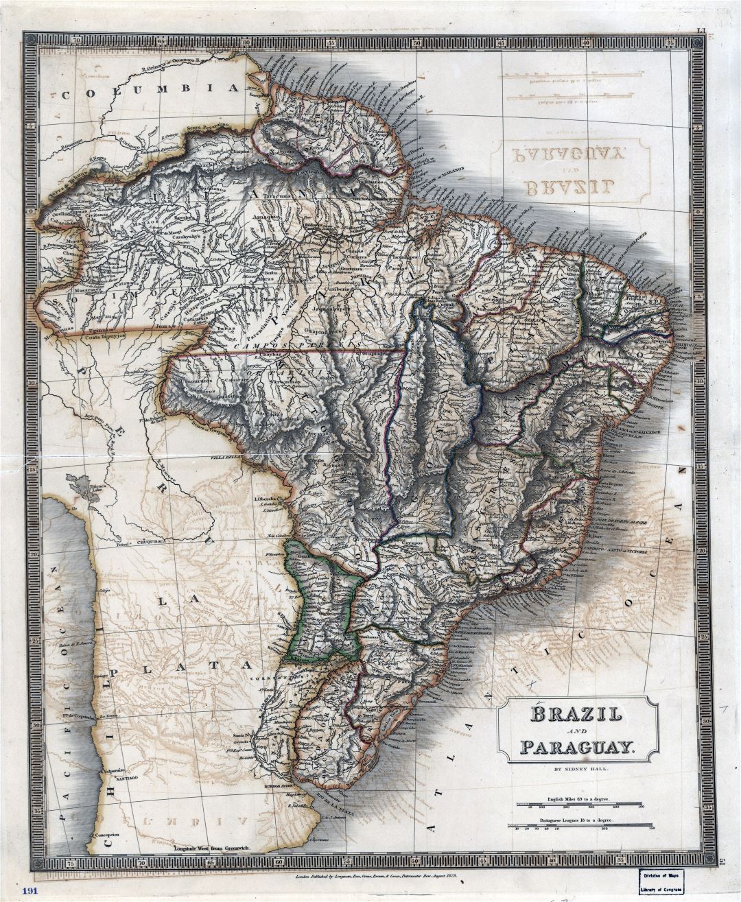 A gran escala antiguo mapa político de Brasil y Paraguay con otras marcas - 1828