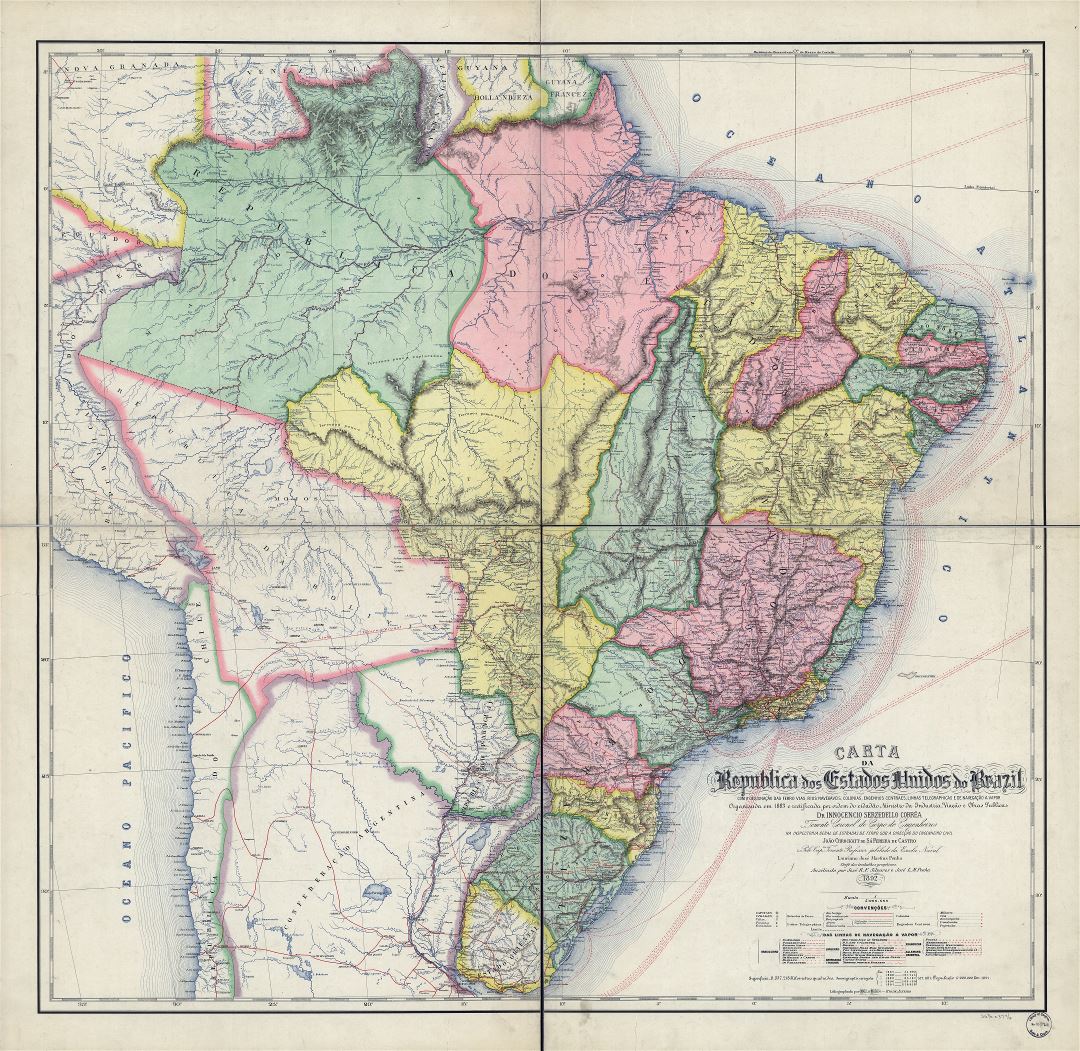 A gran escala detallado mapa político antiguo de Brasil con marcas - 1892