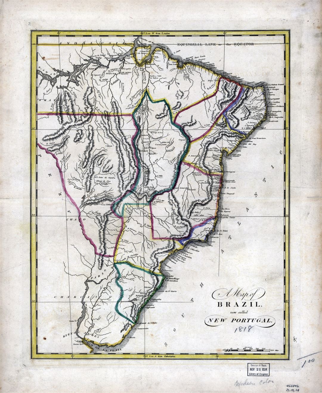 A gran escala mapa antiguo de Brasil (Nuevo Portugal) - 1818