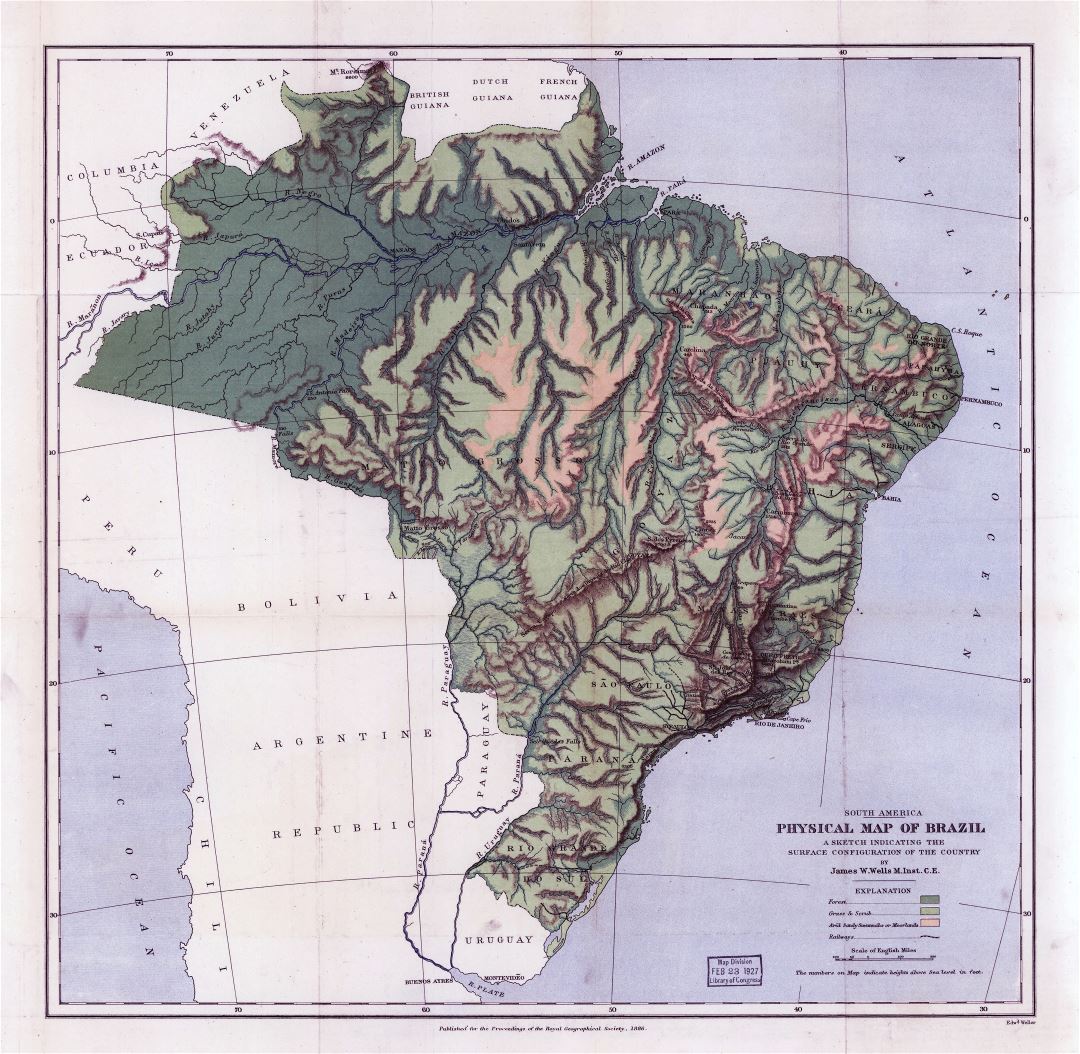 A gran escala mapa físico antiguo de Brasil - 1886