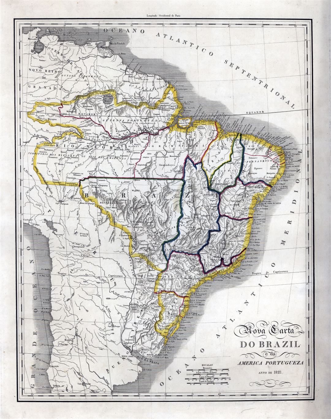 A gran escala mapa vintage de Brasil - 1821