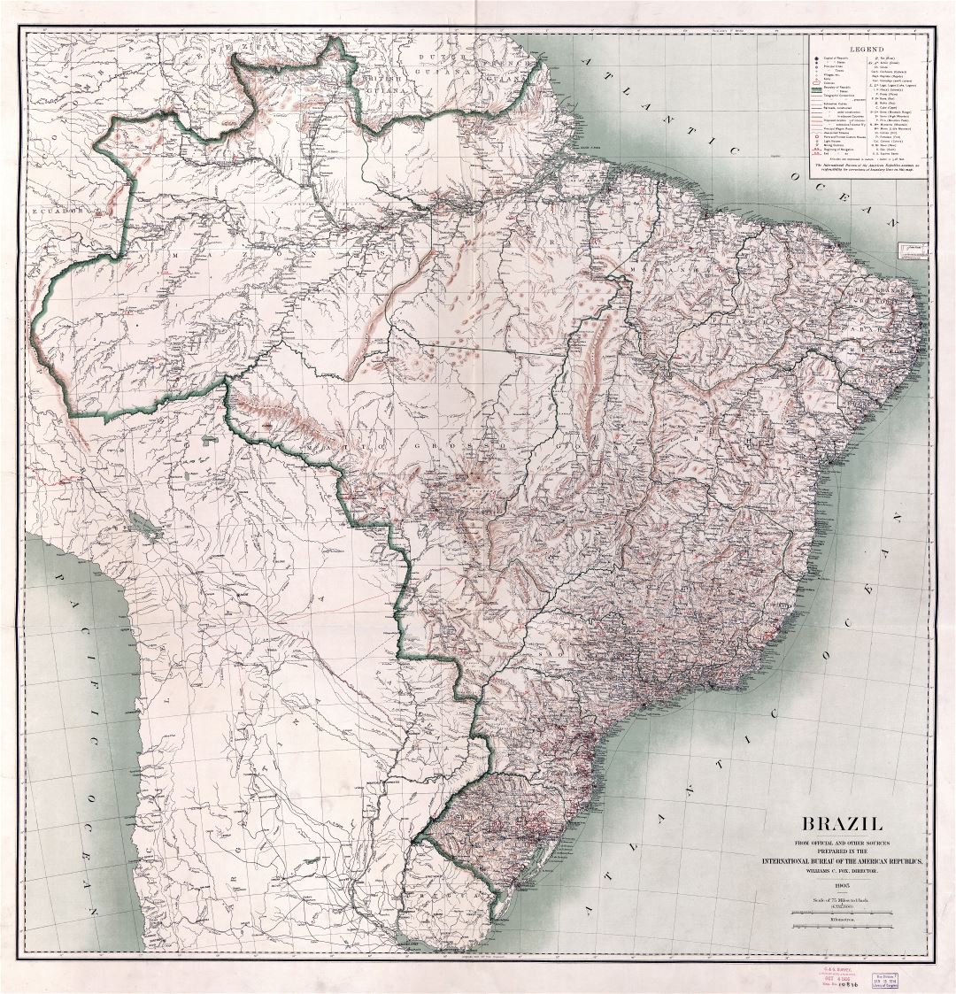En alta resolución detallado mapa antiguo de Brasil con relieve, ríos, carreteras, ferrocarriles, ciudades, pueblos, aldeas y otras marcas - 1905