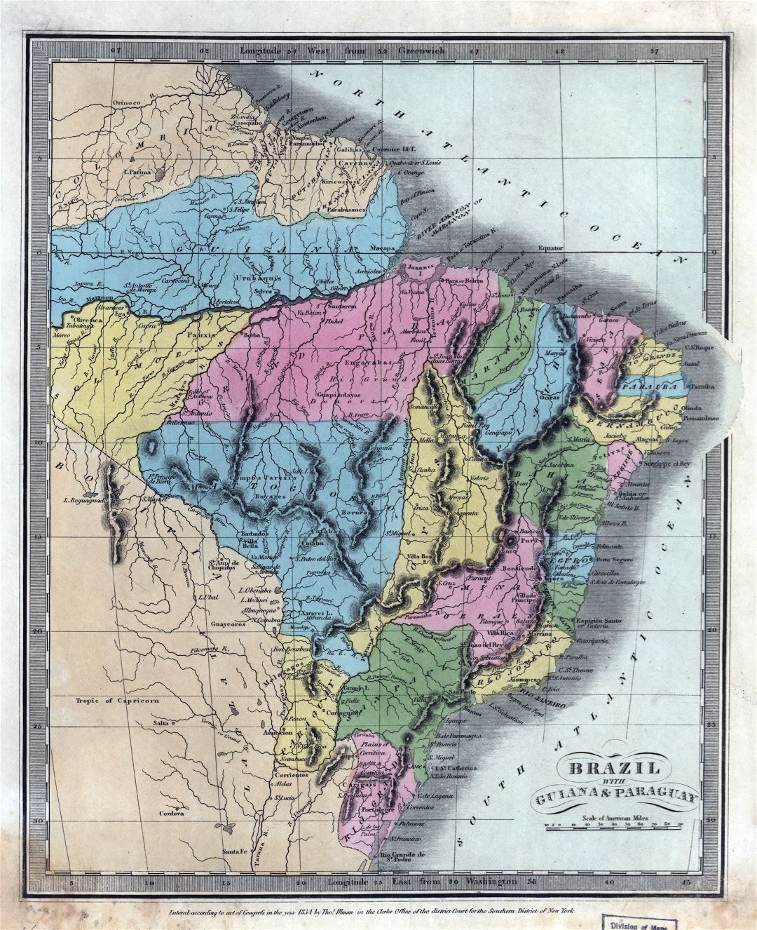 Grande detallado antiguo mapa político y administrativo de Brasil con Guayana y Paraguay con relieve y otras marcas - 1834