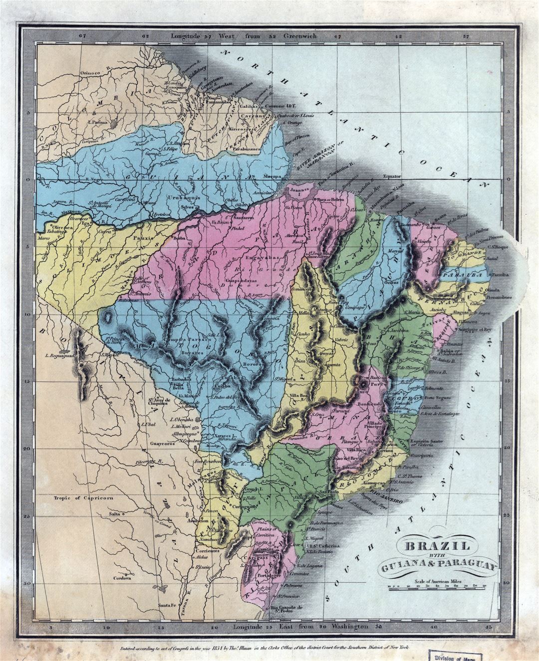 Grande detallado antiguo mapa político y administrativo de Brasil con Guayana y Paraguay con relieve y otras marcas - 1834