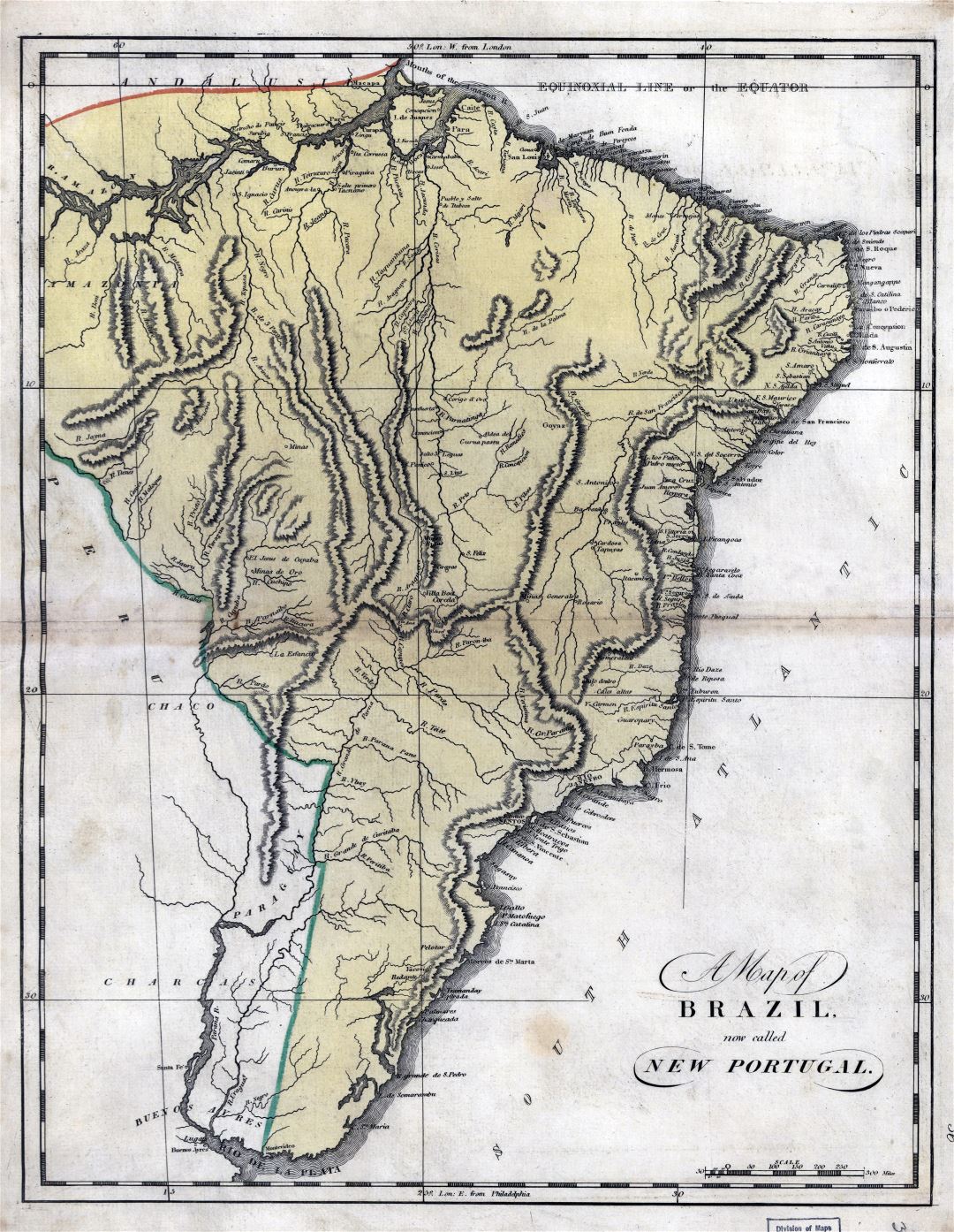 Grande detallado mapa antiguo de Brasil (Nuevo Portugal) con marcas - 1814