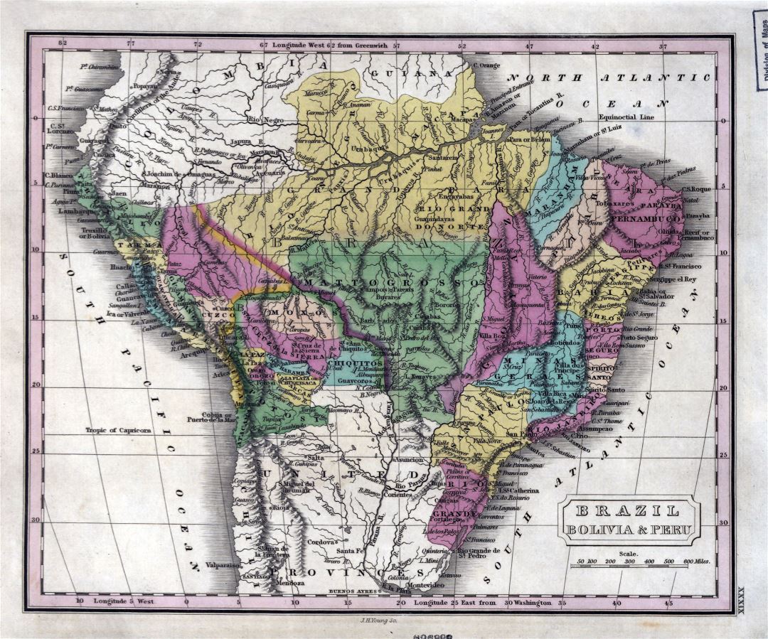 Grande detallado mapa antiguo de Brasil, Bolivia y Perú con relieve y otras marcas - 1829