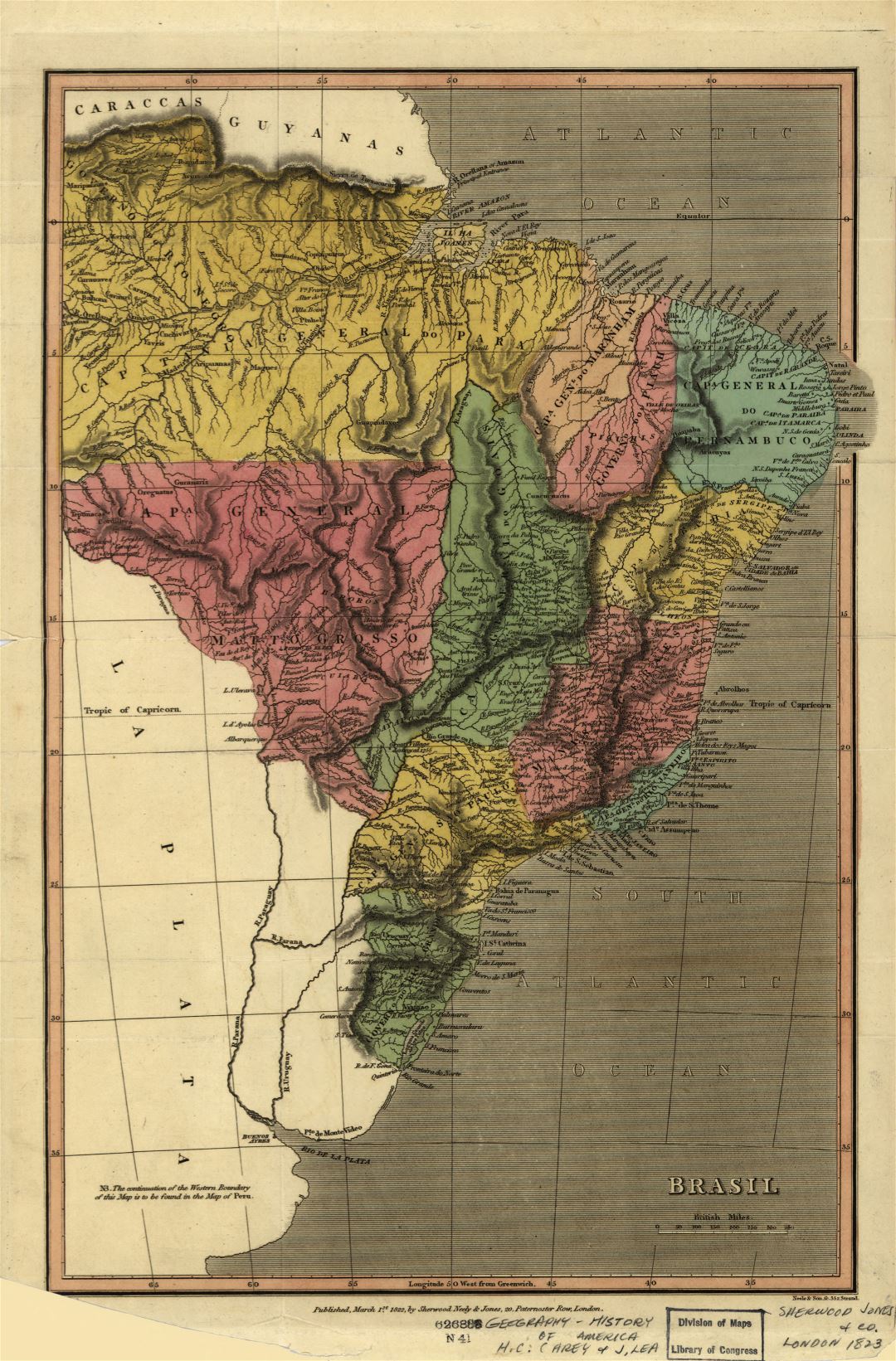 Grande detallado mapa antiguo de Brasil con otras marcas - 1822