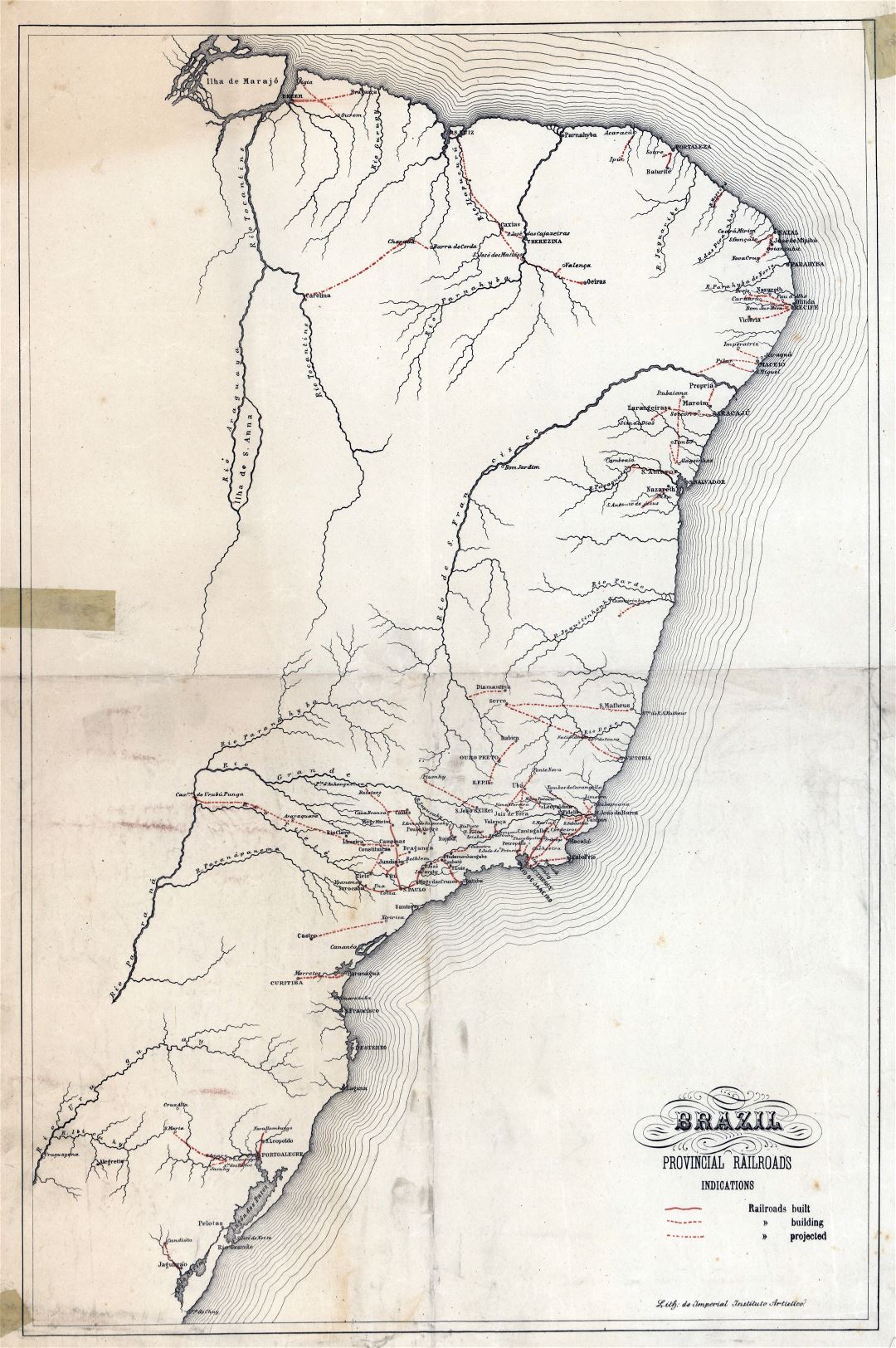 Grande detallado mapa antiguo de los ferrocarriles provinciales de Brasil - 1902