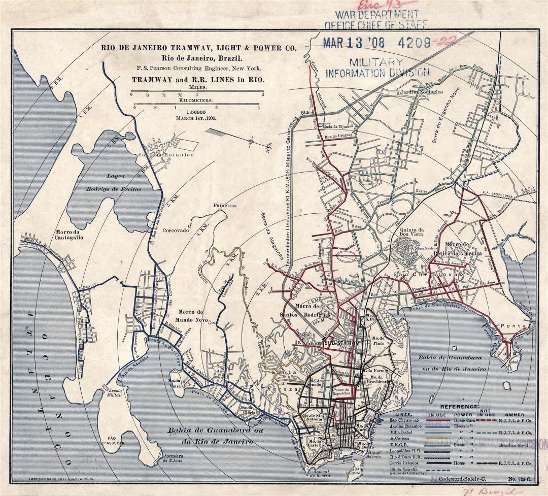 Grande detallado antiguo tranvía y líneas RR mapa de Río de Janeiro - 1906