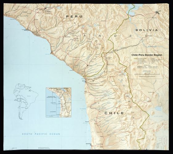 A gran escala detallado mapa de región fronteriza Chile-Perú con relieve y otras marcas - 1974