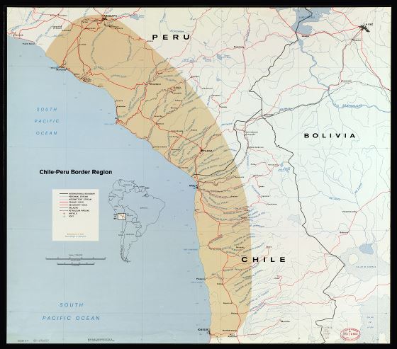 A gran escala mapa de región fronteriza Chile - Perú con otras marcas - 1974