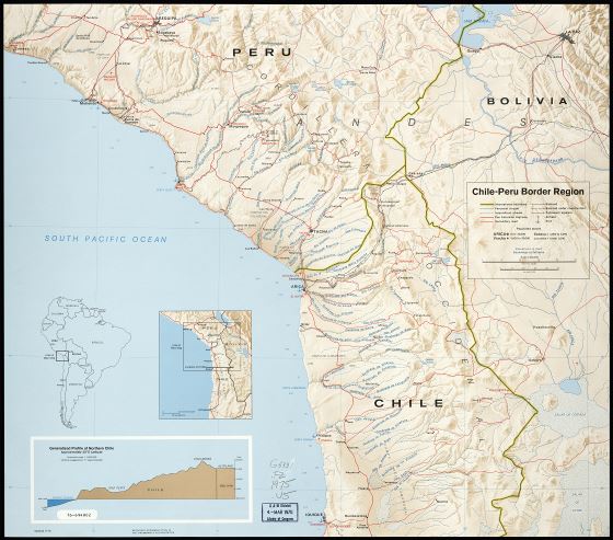 A gran escala mapa de región fronteriza Chile - Perú con relieve y otras marcas - 1975