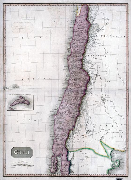 A gran escala mapa vintage de Chile con otras marcas - 1818