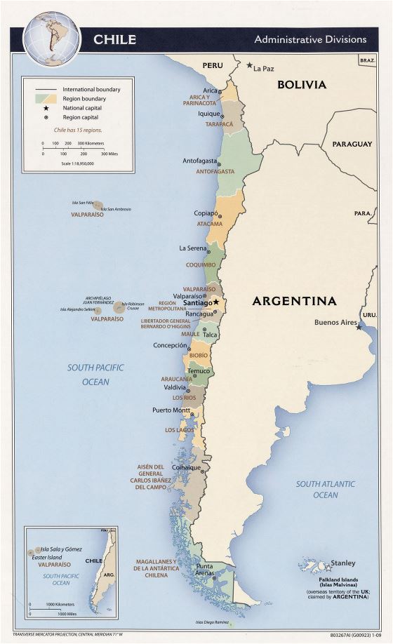 Detallado mapa de administrativas divisiones de Chile - 2009