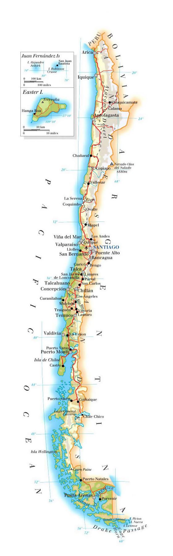 Detallado mapa de elevación de Chile con carreteras, ciudades y aeropuertos