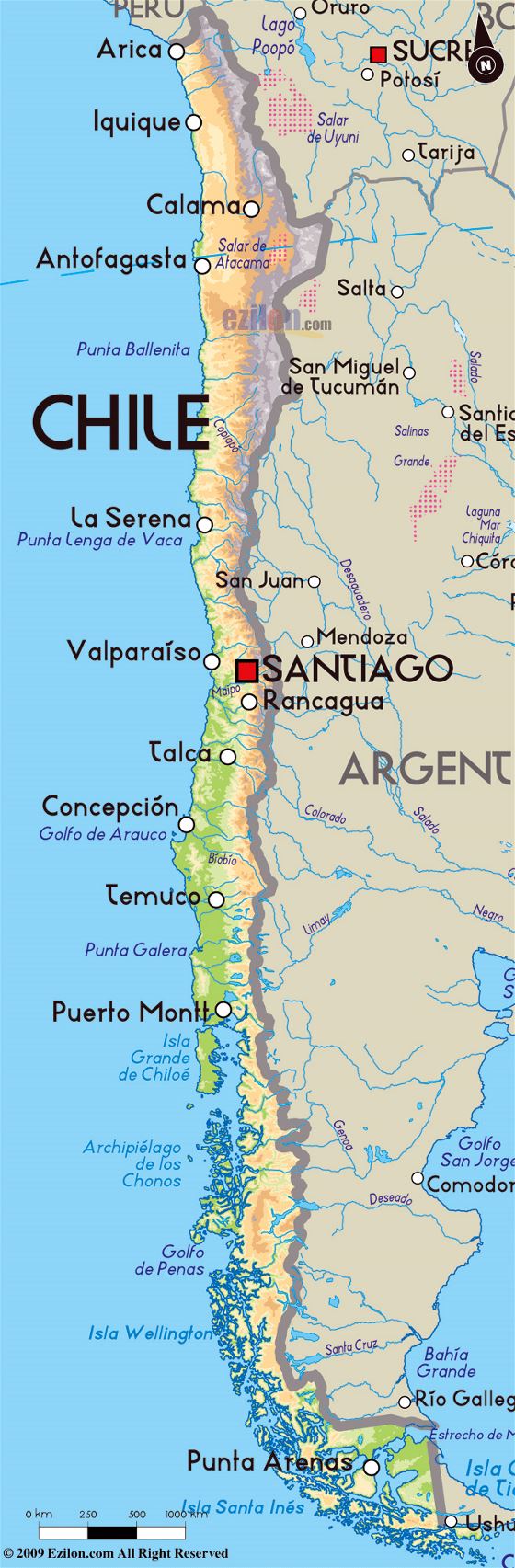 Detallado mapa físico de Chile con principales ciudades