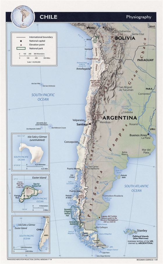 Detallado mapa fisiográfico de Chile - 2009