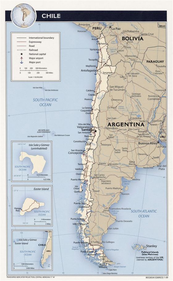 Detallado mapa político de Chile con carreteras, ciudades, aeropuertos y puertos marítimos - 2009