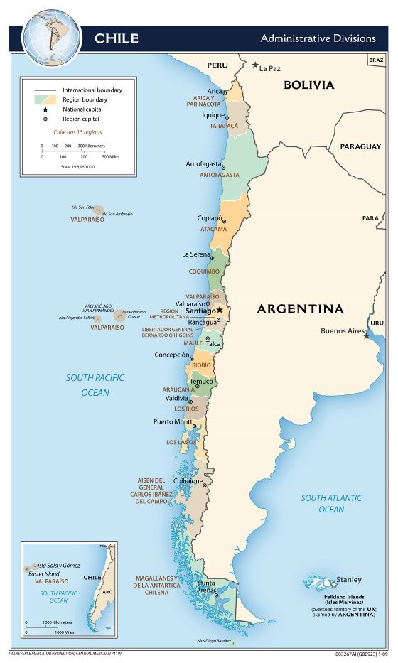 Grande detallado mapa de administrativas divisiones de Chile - 2009