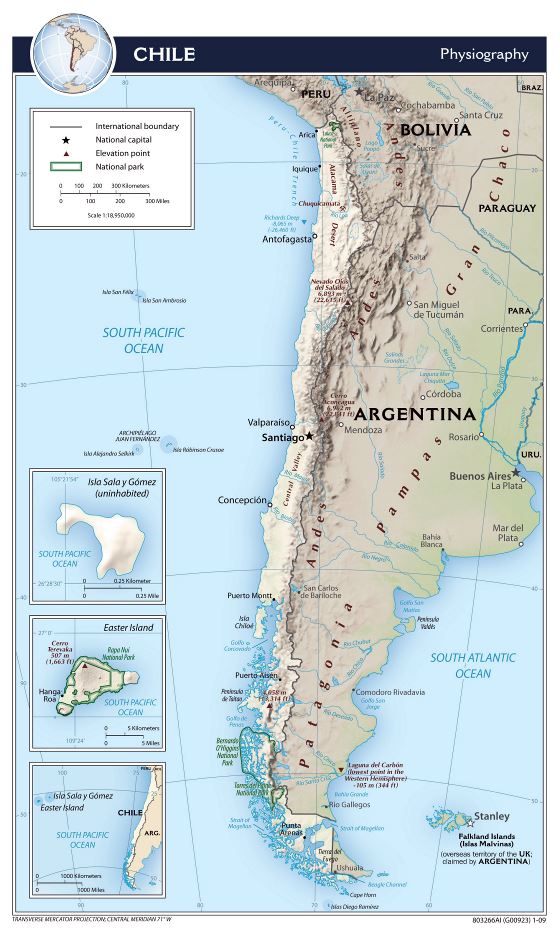 Grande detallado mapa de fisiografía de Chile - 2009