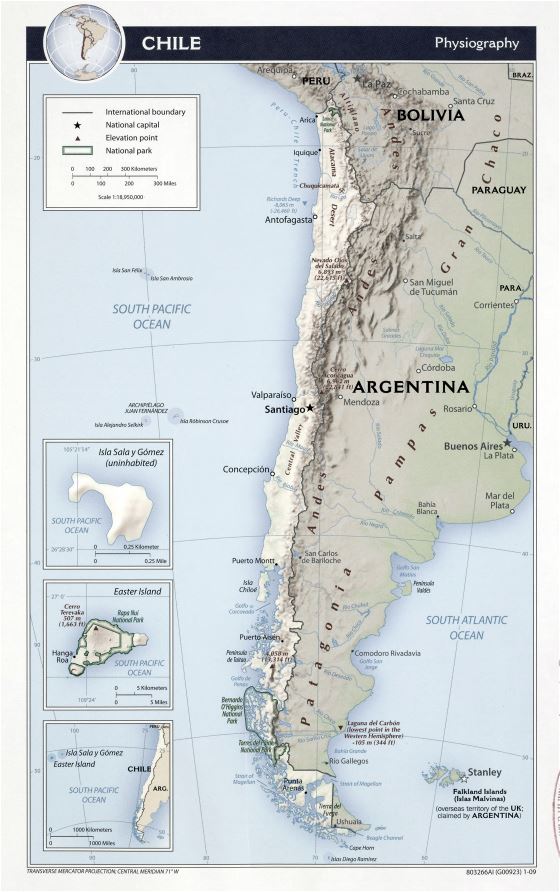 Grande detallado mapa de fisiografía de Chile con otras marcas - 2009