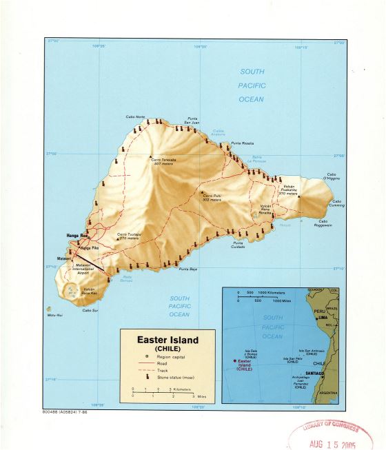 Grande detallado mapa de Isla de Pascua (Chile) con relieve y otras marcas - 1986