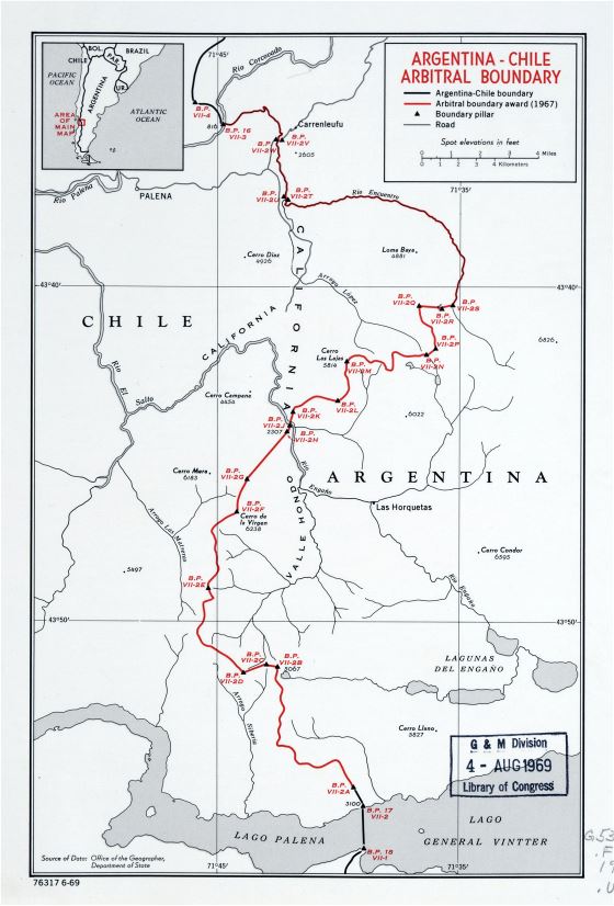 Grande detallado mapa de límites arbitrales Argentina-Chile - 1969