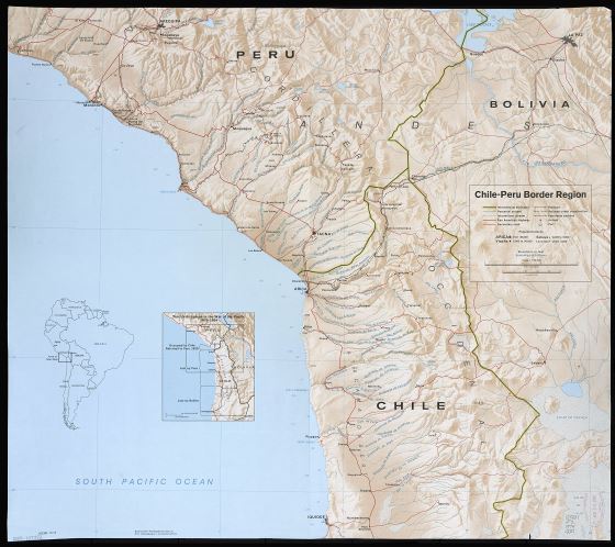 Grande detallado mapa de región fronteriza Chile-Perú con relieve y otras marcas - 1974
