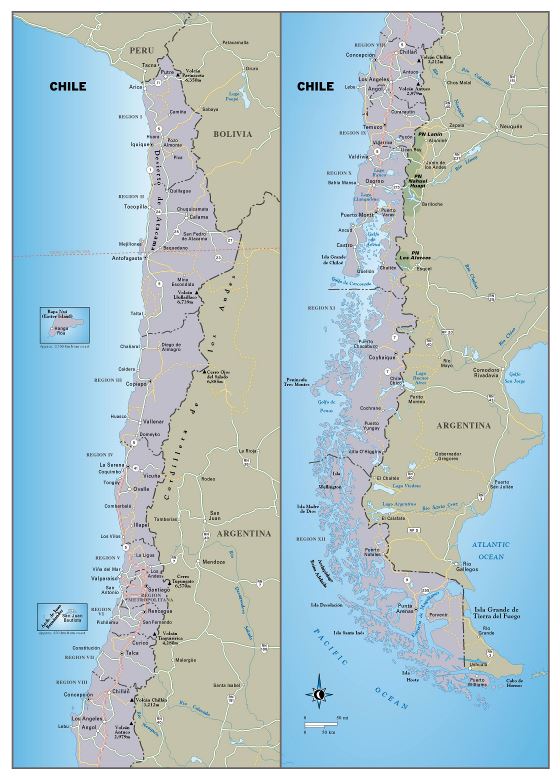 Grande detallado mapa de viaje de Chile con carreteras y principales ciudades