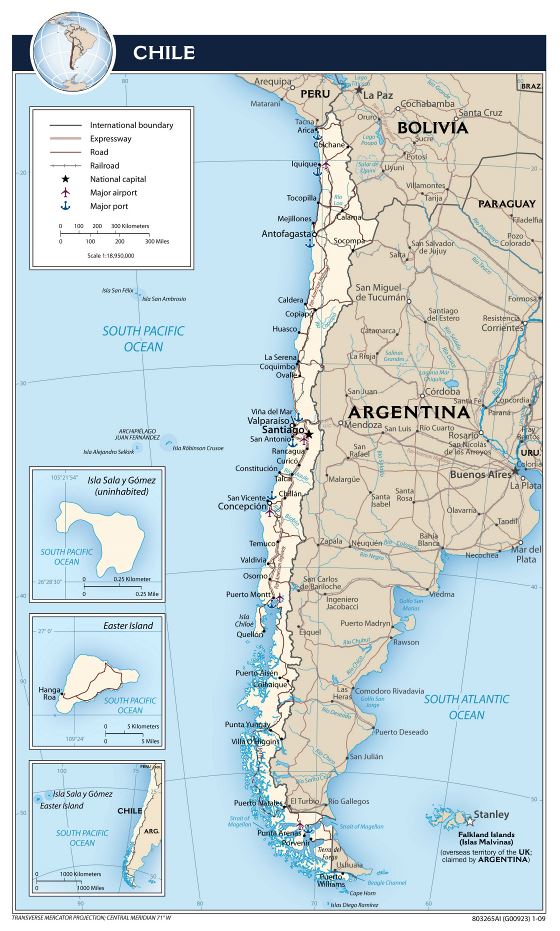 Grande detallado mapa político de Chile con carreteras, ciudades, aeropuertos y puertos marítimos - 2009