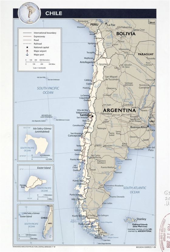 Grande detallado mapa político de Chile con carreteras, ferrocarriles, principales ciudades, puertos marítimos y aeropuertos - 2009