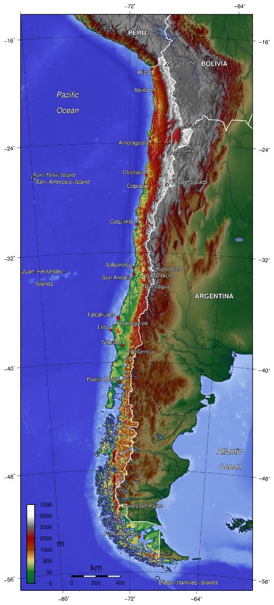 Grande mapa físico de Chile