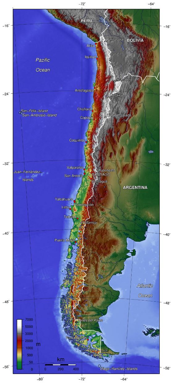 Grande mapa físico de Chile