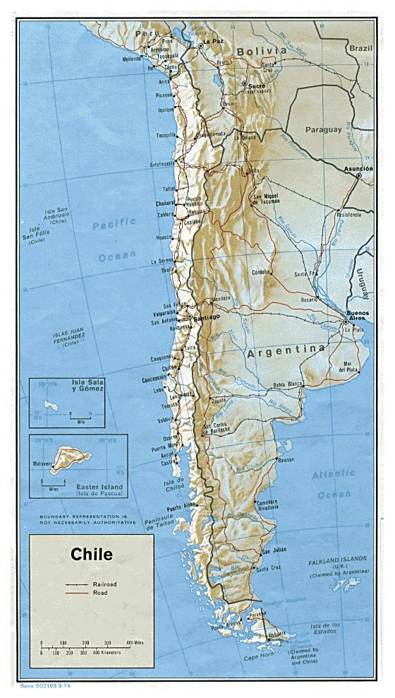 Grande mapa político de Chile con relieve, carreteras y principales ciudades - 1974