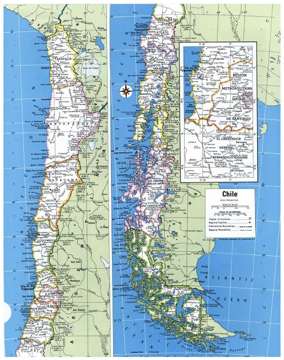 Grande mapa político y administrativo de Chile con todas ciudades
