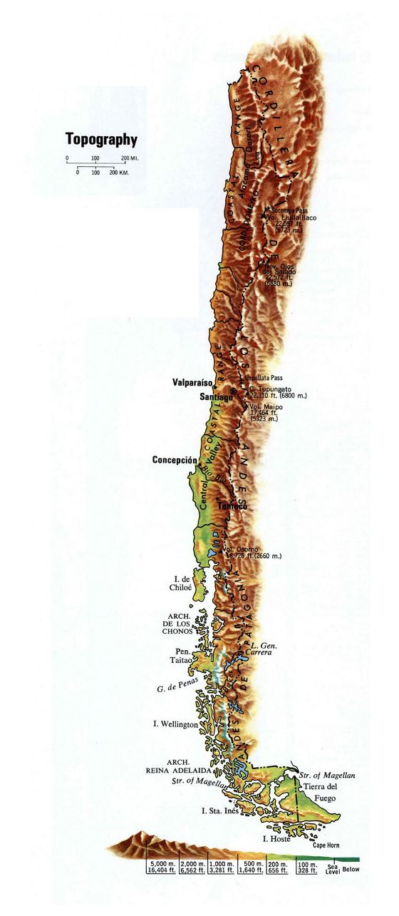 Grande mapa topográfico de Chile