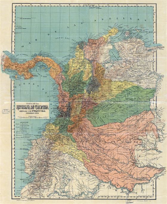 A gran escala detallado antiguo mapa político y administrativo de Colombia con relieve y otras marcas - 1912