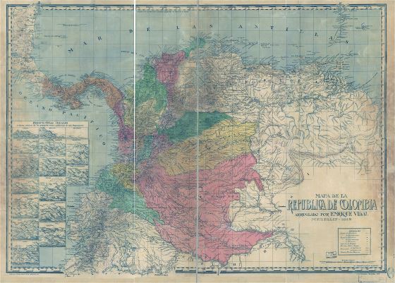 A gran escala detallado mapa antiguo de Colombia con relieve y otras marcas - 1912
