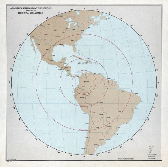 A gran escala detallado mapa de proyección equidistante azimutal con centro en Bogotá, Colombia - 1966