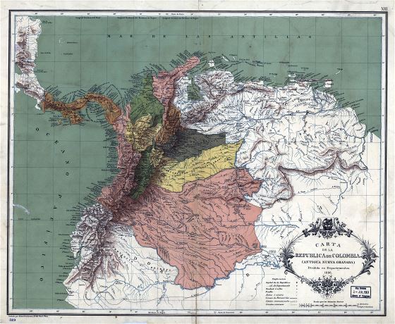 A gran escala mapa vintage de Colombia - 1886
