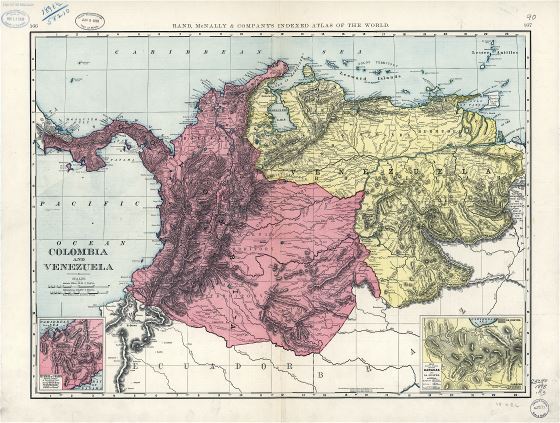 A gran escala mapa vintage de Colombia y Venezuela con otras marcas - 1898