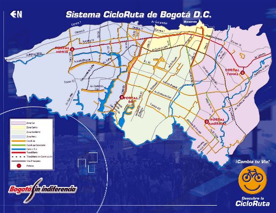 Detallado mapa de la red de carriles bici de ciudad de Bogotá