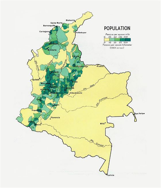 Detallado mapa de población de Colombia - 1970