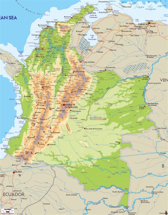 Detallado mapa físico de Colombia con carreteras, ciudades y aeropuertos