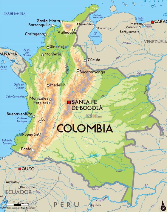 Detallado mapa físico de Colombia con principales ciudades