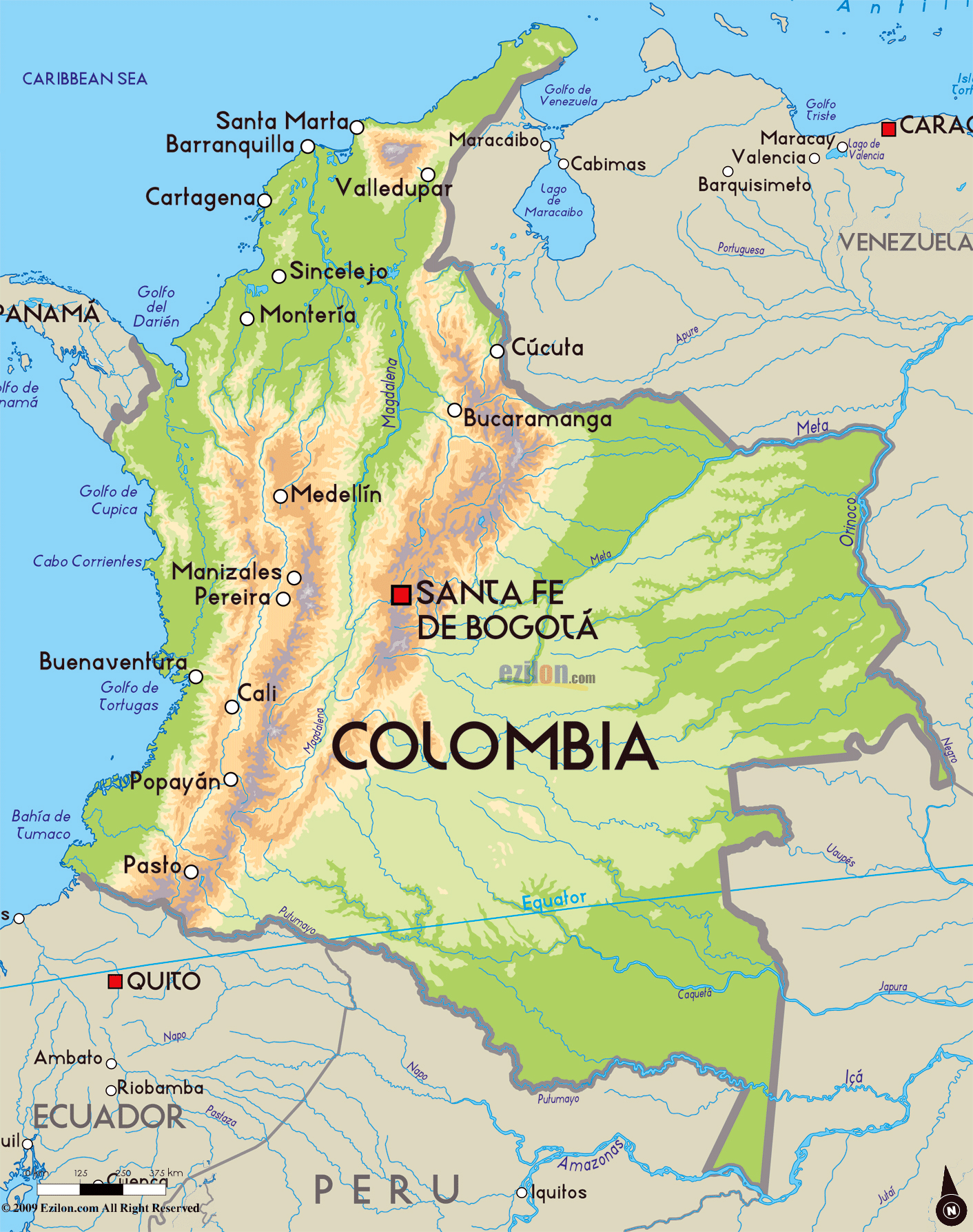Detallado Mapa Físico De Colombia Con Principales Ciudades Colombia