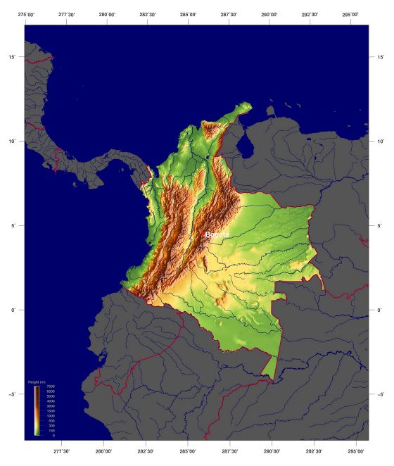 Detallado mapa físico de Colombia