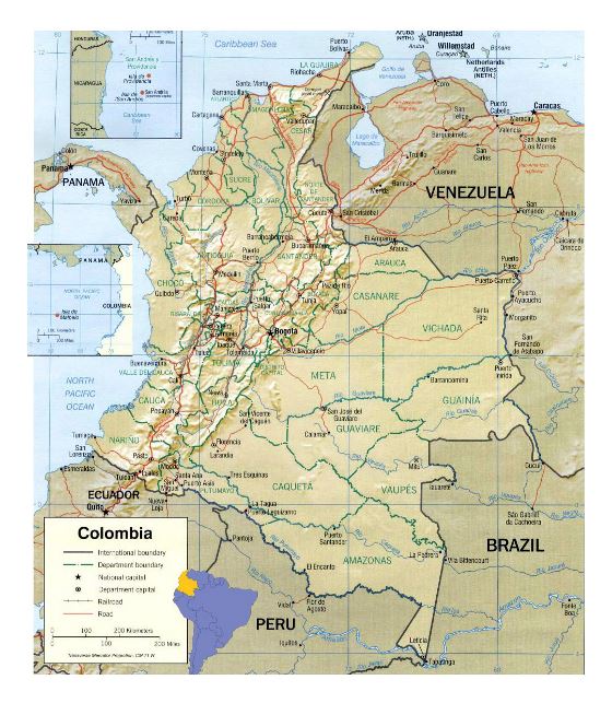 Detallado mapa político y administrativo de Colombia con relieve, carreteras y ciudades