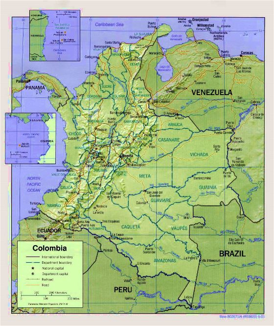 Detallado mapa político y administrativo de Colombia con relieve, carreteras y principales ciudades - 2001