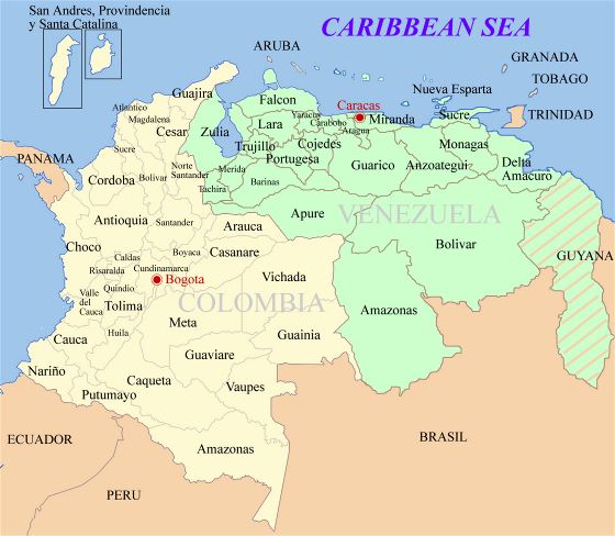 Detallado mapa político y administrativo de Colombia y Venezuela
